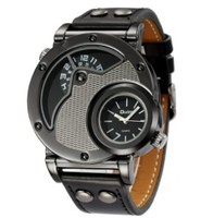 Montre-bracelet Oulm 9591 à deux fuseaux horaires, bracelet en cuir décontracté, grande taille, montres de sport uniques, montre à quartz pour homme