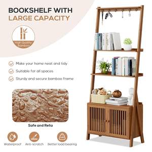 Librería de madera de nogal con cajones, estante de escalera de estantería de nogal de 4 niveles con 6 ganchos, organizador de almacenamiento de pie de madera de 28 pulgadas - Product Image 4