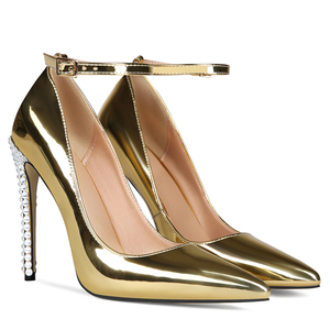 Escarpins dorés vernis grande taille 47 pour femme, sexy, à bride cheville, bout pointu, coupe large, ornés de diamants, talons aiguilles - Product Image 5