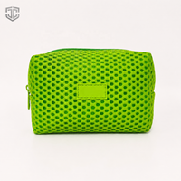 Pochette de maquillage portable de luxe respirante en maille nid d'abeille vert néon vif avec fermeture éclair pour femme