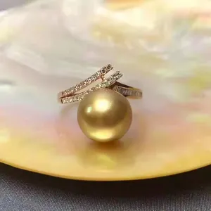 SGARIT精美金戒指珠宝3.13g 18k黄金钻金11-12毫米菲律宾天然金珍珠戒指珠宝