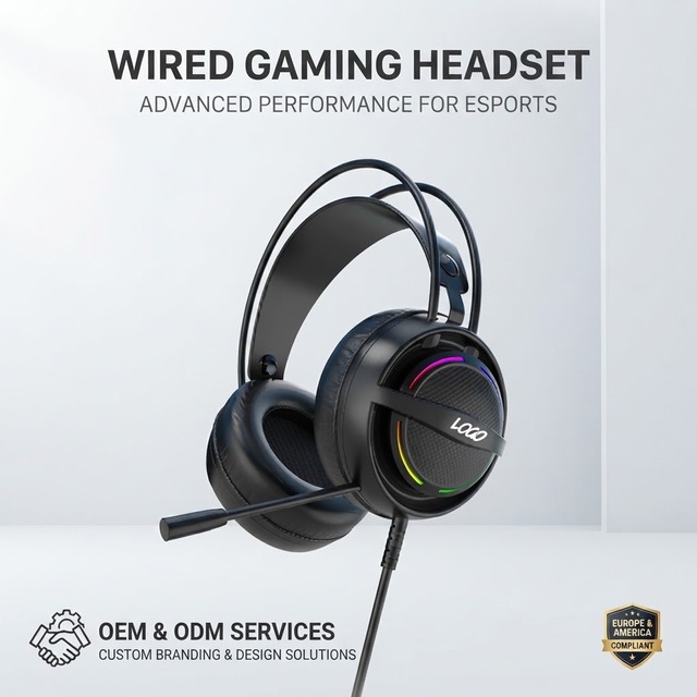 OEM/ODM Over-Ear Wired Gaming Headphones RGB Lighting Metal Frame Leather Design ENC Noise Cancellation USB Interface 2m Cord