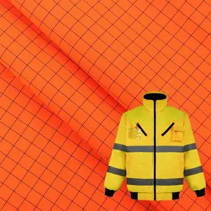 Tela de poliéster tejida conductora a cuadros naranja fluorescente tela ripstop para uniformes de trabajo de protección
