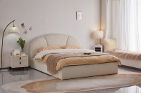 Lit coffre design moderne vintage en bois italien, meubles de chambre à coucher, lit capitonné incurvé