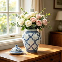 Pot à gingembre en porcelaine à motif géométrique bleu et blanc avec couvercle, vase décoratif en céramique pour la décoration intérieure occidentale