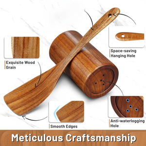Ensemble de 7 ustensiles de cuisine en bois, ustensiles de cuisine en bois avec support, cuillères pour cuisiner, bois de teck et d'acacia naturel - Product Image 4