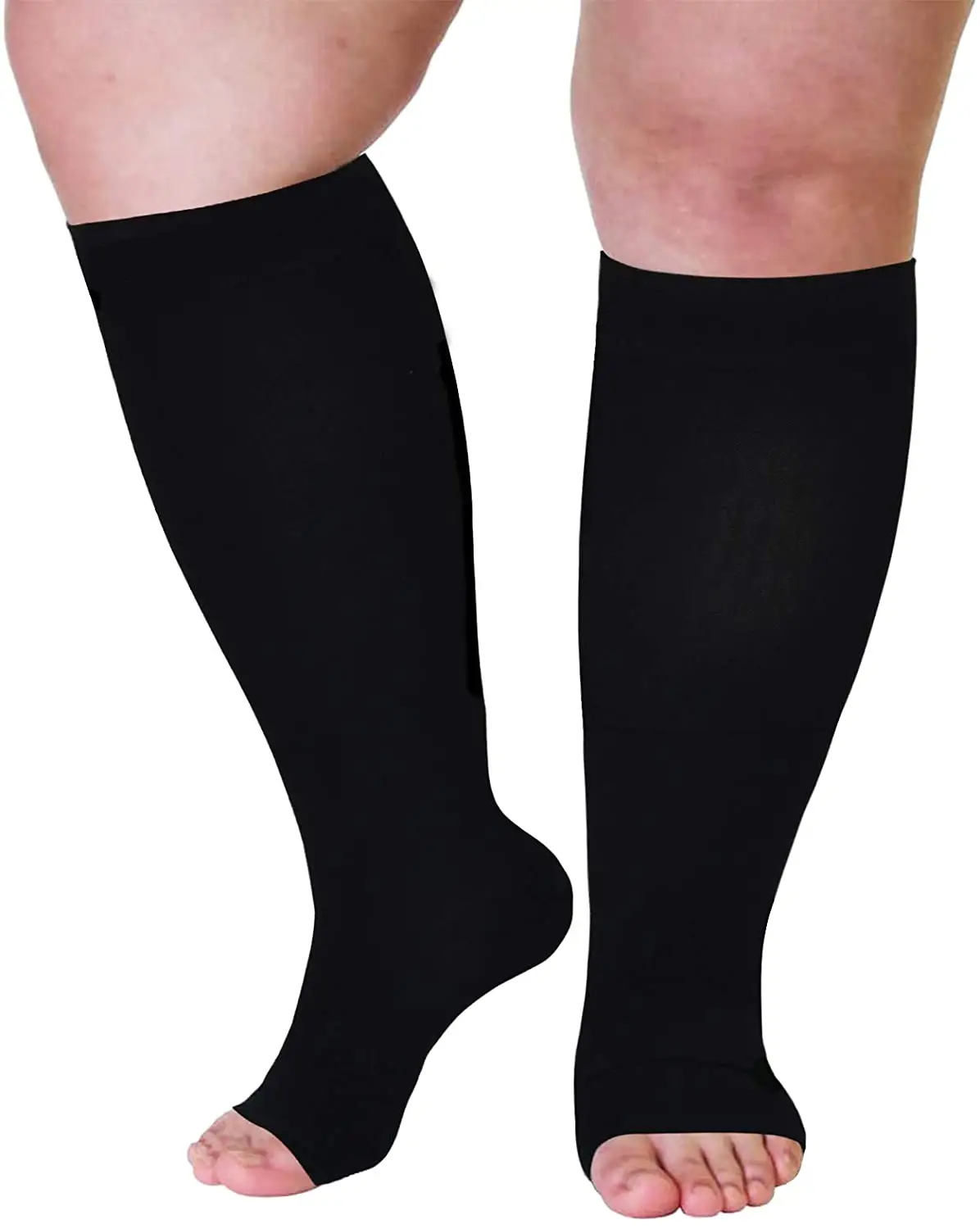 Calze a compressione in vitello nero 23-32mmHg Open Toe Wide Plus Size per gambe lunghe a compressione a circolazione
