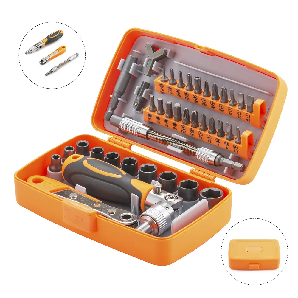38pcs household furniture car computer repair tool storage case ratchet handles sockets and screwdriver bits kit set