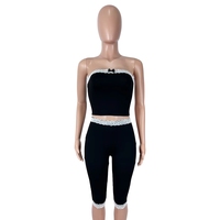 PEEQI D8122 Ensemble pantalon deux pièces pour femme, tendance été, sexy, couleur unie, dentelle, nœud, patchwork, hauts sans bretelles, ensemble 2 pièces