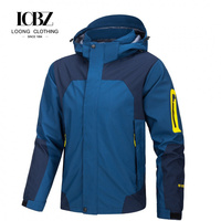 Veste à capuche pour sports de plein air pour hommes, couleur bleue, blocs de couleurs, coque imperméable, rabat anti-vent, poignets à velcro, coupe-vent technique, ODM personnalisé