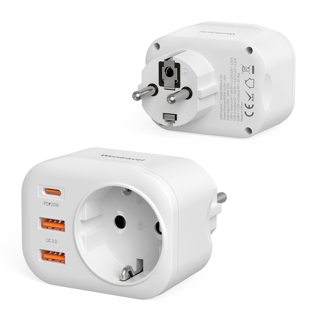 Wontravel Type F Plug and Socket PD 20W EU Wall Socket Arrival 3 USB Outlet Extender Power Socket