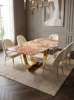 Table à manger en marbre rose de luxe, table en pierre naturelle polie, mobilier moderne sur mesure pour villa
