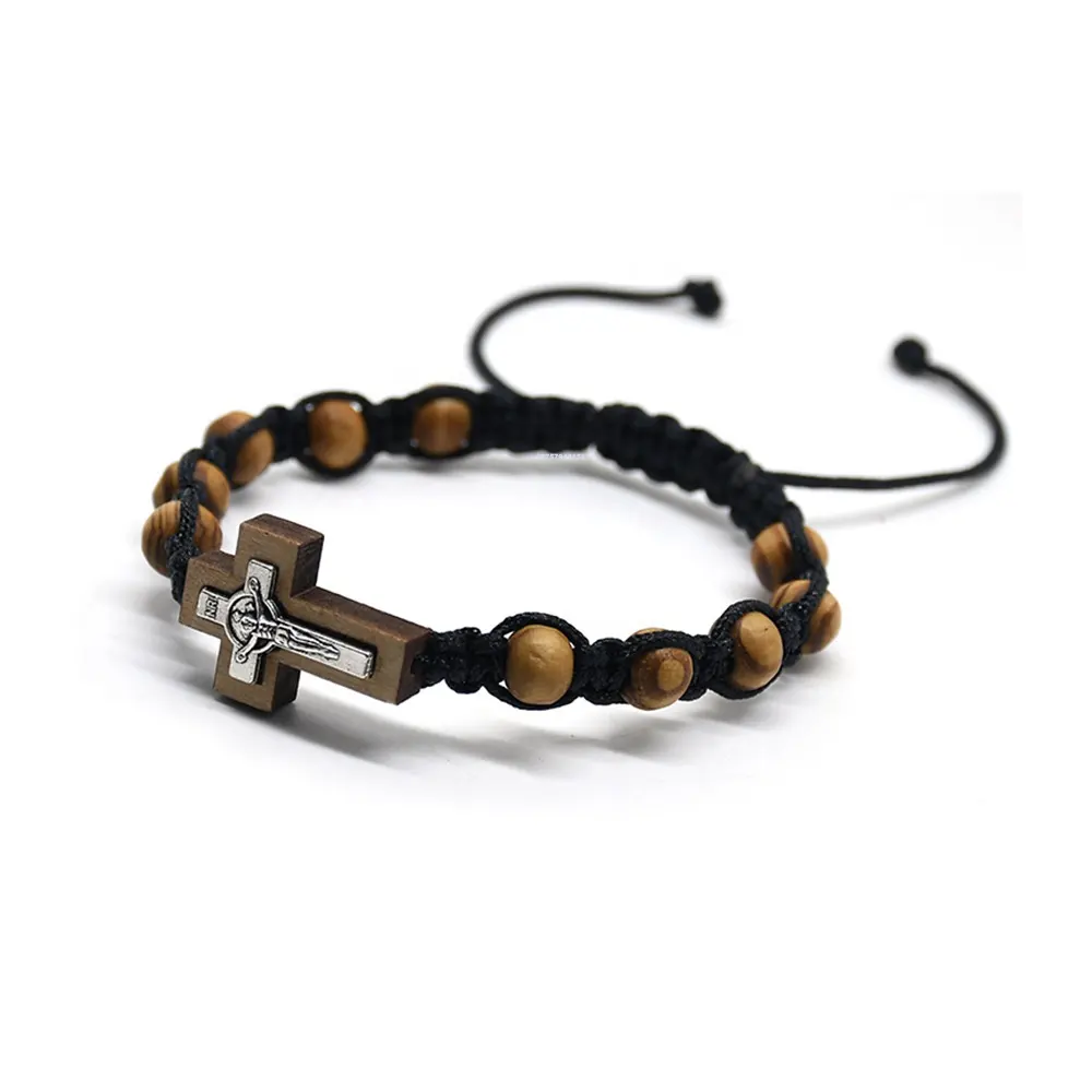 Bracelet en Corss religieux gothique réglable, chapelet de 8mm, perles en bois de pin tressées, Bracelets de prière de jésus, cadeau de bijoux fait à la main