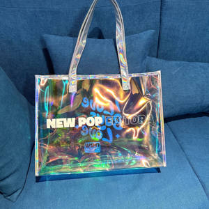 Bolso de mano holográfico iridiscente impermeable transparente con impresión de logotipo personalizado de PVC con asa - Product Image 3