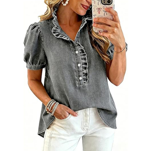 <span class=keywords><strong>Chemise</strong></span> en <span class=keywords><strong>jean</strong></span> 100 % coton pour <span class=keywords><strong>femme</strong></span>, décontractée, à volants, boutonnée, style chemisier, manches courtes bouffantes, été 2026 - Product Image 4