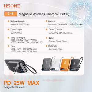 LC43 Power Bank Magnetico Wireless 5000/10000mAh 15W/25W+20W/45W PD N52 13N con Cordino, Display TFT, Supporto Pieghevole <span class=keywords><strong>in</strong></span> Alluminio, 1 Pezzo - Product Image 1