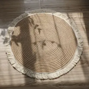 Boho Jute Tapijt Vloer Ronde Jute Hand Geweven Gevlochten Tapijten Voor Decor Met Kwastjes