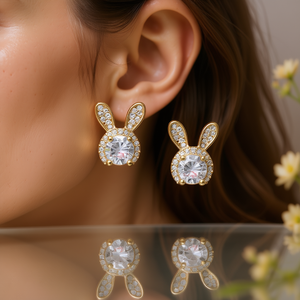 Orecchini a perno E1039 placcati oro a forma di coniglietto con strass di cristallo taglio brillante rotondo per donna, graziosi per l'uso quotidiano - Product Image 2