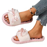 Pantoufles pour femmes en fourrure de lapin à imprimé léopard rose, à bout ouvert, avec nœud en dentelle
