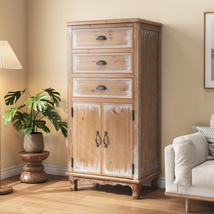 Rustic Wooden <b>Storage</b> Cabinet With 3 Drawers And Doors Tall <b>Narrow</b> Organizer For Living Room Bedroom Natural Finish - Product Image 5