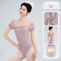 Maillot de Ballet con Lazo Trasero y Malla para Mujer, Body de Danza de Nailon con Manga Abullonada, Ropa de Danza para Entrenamiento de Gimnasia