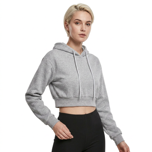 Sudadera Corta para Mujer, Color Gris Sólido, Informal, Manga Larga, Tejido de Punto, Mezcla de Algodón, Logotipo Frontal, Ropa de Invierno - Product Image 1