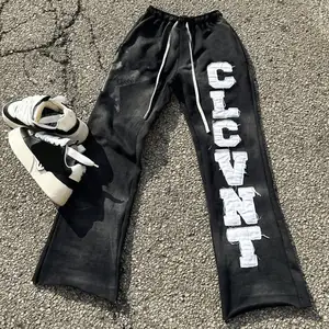 Latest Custom Graphic Embroidered Patches Stacked Flare Sweatpants Acid Wash Jogger Flared Mens Sweatpants Baggy Pants