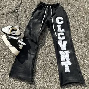 Nieuwste Aangepaste Grafische Geborduurde Patches Gestapelde Flare Joggingbroek Zuur Wassen Jogger Uitlopende Heren Joggingbroek Baggy Broek