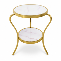 Table d'appoint élégante à deux niveaux en verre décoratif avec cadre en fer courbé doré pour salon, hôtel, OEM