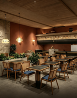 Ensemble de salle à manger sur le thème de la nature sauvage avec chaises en bois pour restaurants modernes, bistrots, hôtels et espaces de restauration décontractés