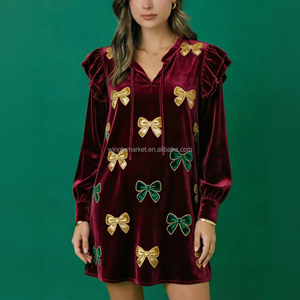 <span class=keywords><strong>Robe</strong></span> mini en velours pour <span class=keywords><strong>femme</strong></span>, bordeaux, or, vert, broderie nœud, grande taille, manches longues, robes <span class=keywords><strong>de</strong></span> fête - Product Image 1
