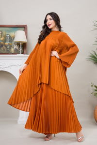 Bộ trang phục nữ dáng xếp ly, kín đáo, <span class=keywords><strong>size</strong></span> lớn, kiểu Miyake, gồm áo và quần, chất liệu cao cấp, màu cam, thích hợp đi nhà thờ - Product Image 3