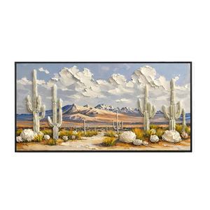 Peinture abstraite texturée de paysage de cactus en fleurs dans le désert, 100% peinte à la main sur toile, cadre en bois, décoration intérieure - Product Image 2