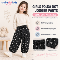 Smiledotkids Pantalon de jogging personnalisé pour enfants, noir à pois, taille à cordon, en molleton doux, OEM ODM, vente en gros pour tout-petits