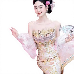 S3986L Nuovo Stile Abito Tradizionale Cinese Senza Spalline Viola Chiaro con Dragone e Fenice Xiuhe per Cerimonia Nuziale - Product Image 1