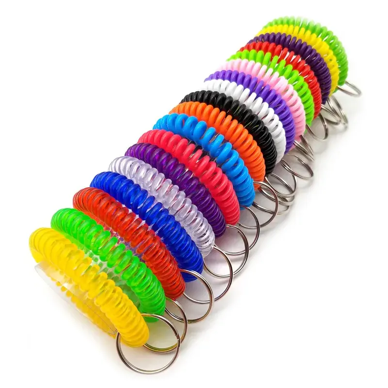 Hot Plastic Key Chains Colorful Spring Coil Spiral Wrist with Steel Key Ring Wristband Keychain Holder Bracelet swimming Keyring