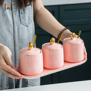 Boîte d'assaisonnement de cuisine en céramique de luxe rose ensemble de pots à épices en porcelaine sel/sucre/épices/poivre - Product Image 6
