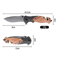 Couteau pliant d'extérieur avec manche en bois, fourni par l'usine, pour le camping, la randonnée, l'EDC, avec brise-vitre pour la défense personnelle