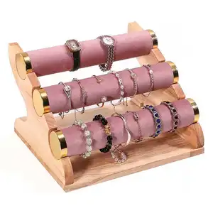 Beauté rose velours couverture en bois amovible collier bracelet jonc bijoux cadeau présentoir usine en gros logo personnalisé