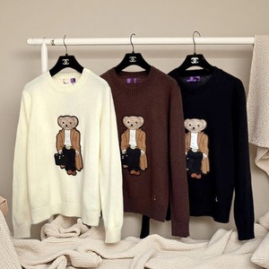 Suéter de Cachemira RL Raff con Cuello Redondo, Casual, Holgado, Elegante, con Patrón de Oso Bordado, para Mujer, Invierno - Product Image 1