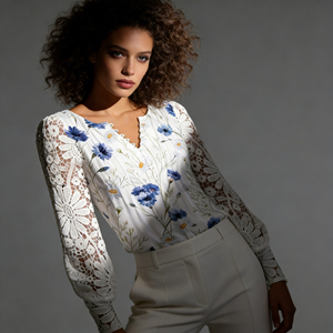 Chemise à manches en dentelle blanche menthe pour femmes - Haut décontracté à col en V respirant avec boutons sur le devant pour tous les jours et les fêtes, mélange de polyester et d'élasthanne - Product Image 2