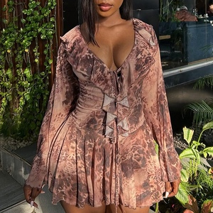 เดรสแฟชั่นผู้หญิง คอระบาย แขนยาว ผ้าตาข่าย ลายเสือดาว เปิดไหล่ ชายกระโปรงจีบ - Product Image 6