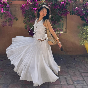 Summer Women Solid Color Midi Skirt Elastic Waist Drawstring Tassel Detail Breathable Casual Vacation Skirt - Product Image 2