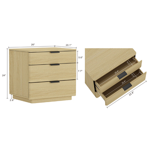Comodino in legno di quercia naturale con tre cassetti, mobile moderno per camera da letto - Product Image 3