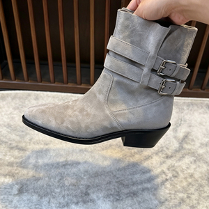 Stivali Donna alla Moda in Camoscio <span class=keywords><strong>Grigio</strong></span> Chiaro con Punta Separata, Tacco Basso e Grosso, Stile Streetwear - Product Image 5