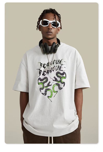 Camiseta Hip Hop Extra Grande con Estampado de Serpiente FEARFUL, Manga Corta, Estilo Vintage Desgastado, Informal, Urbana, Color Blanco Gris Oscuro, para Uso Diario - Product Image 5