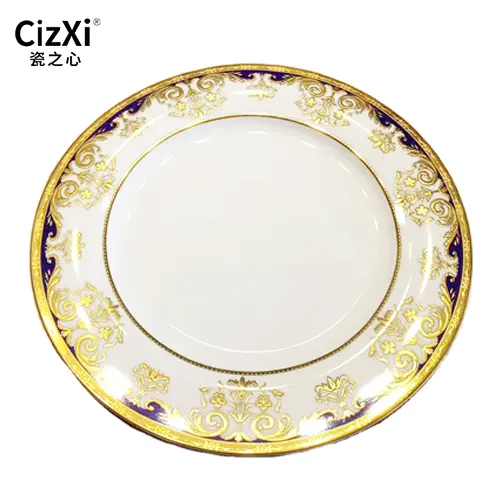 High class luxury ceramic embossed gold rim golden designs dinner plate for hotel restaurant home wedding party gift using