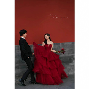 Wedding Dress Ball Gown Dark Red Tulle Sweetheart Neckline Empire Waistline Floor Length Style - Product Image 1