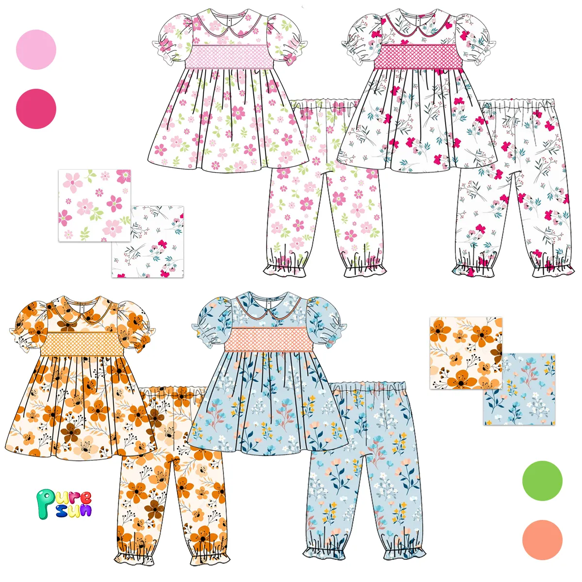 Puresun beliebte Designs Kinder Pyjama Blumen druck Schwestern Kleidung gekleidet Mädchen Kleidung Sets