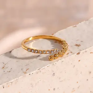 Dainty anéis de contas de zircão ajustável, joias para mulheres de aço inoxidável 18k banhado a ouro